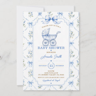 Blue toile Chinoiserie Baby Shower Carriage Floral Invitation