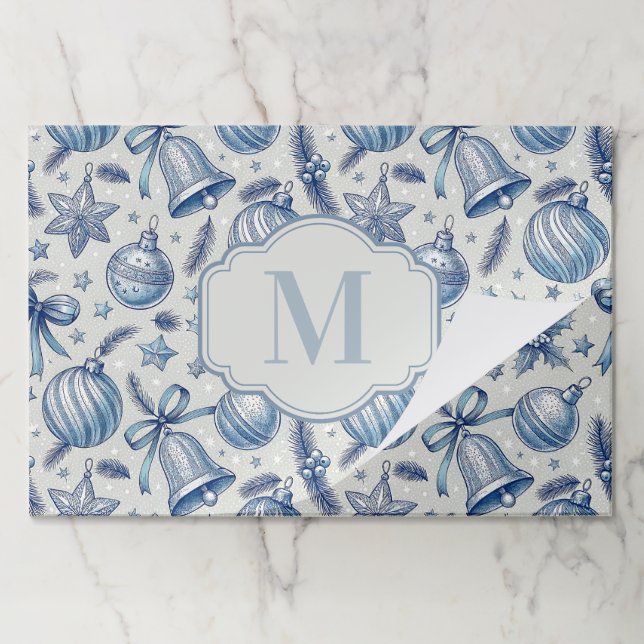 Blue Toile Christmas Ornaments Paper Placemat (Folded)