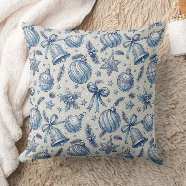 Blue Toile Christmas Ornaments Seamless Throw Pillow (Blanket)
