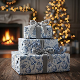 Blue Toile Christmas Ornaments Seamless Wrapping Paper