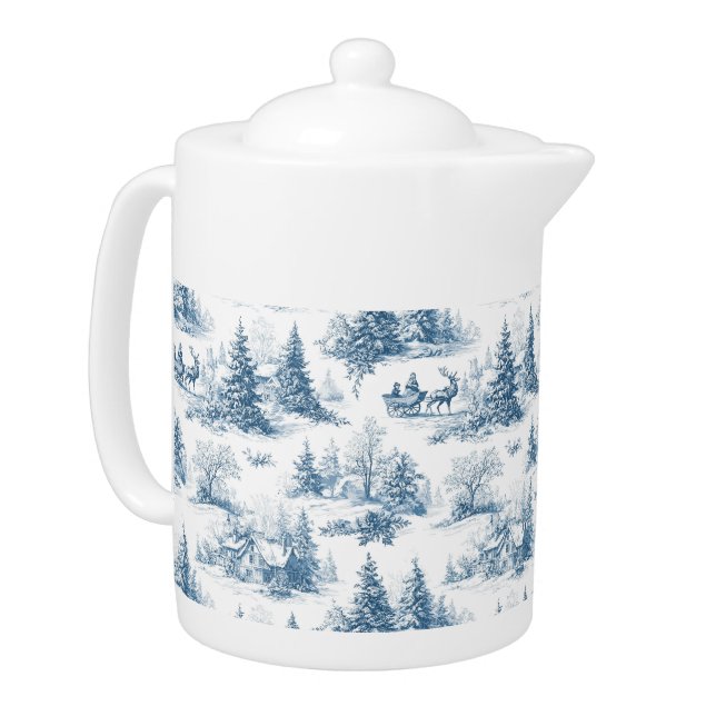 Blue Toile Christmas Pattern  Teapot (Left)