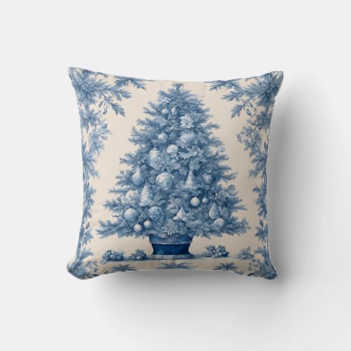 Blue Toile Christmas Tree Decorative Throw Pillow