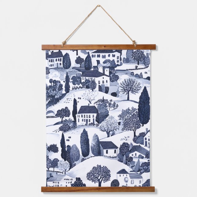Blue Toile Countryside Scene (1) Hanging Tapestry (Front)