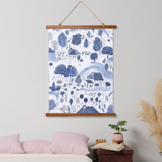 Blue Toile Countryside Scene (4) Hanging Tapestry (Bedroom)