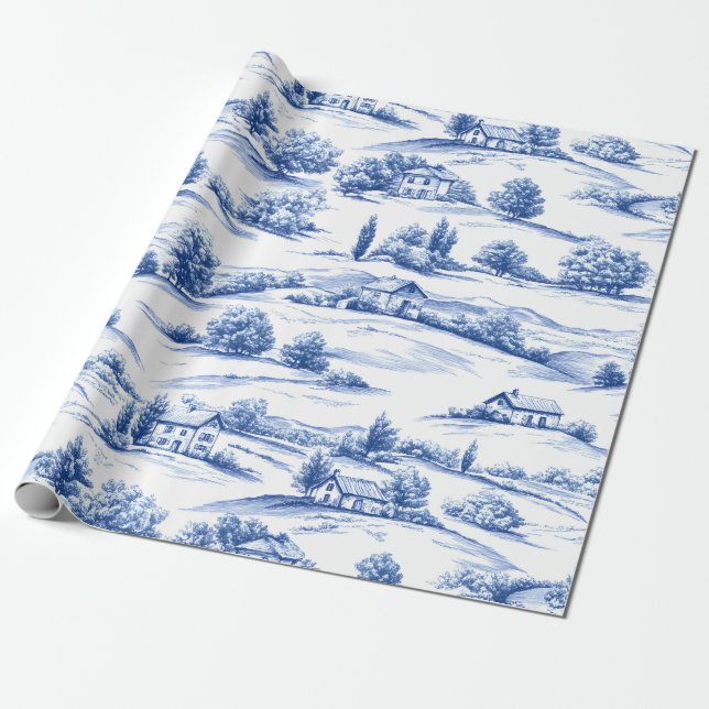 Blue Toile Countryside Scene (5) Wrapping Paper (Unrolled)