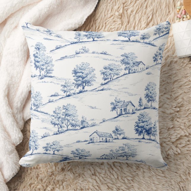 Blue Toile Countryside Scene (7) Throw Pillow (Blanket)