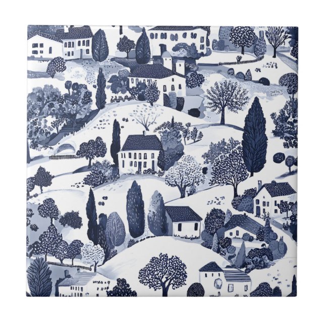 Blue Toile Countryside Scene Ceramic Tile (Front)