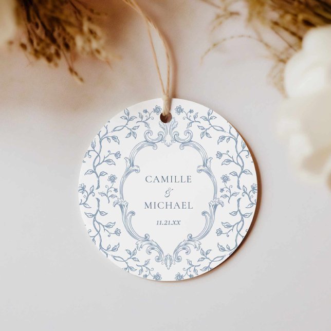 Blue Toile Crest Round Favor Tag (Blue Crest Wedding Favor Tags)