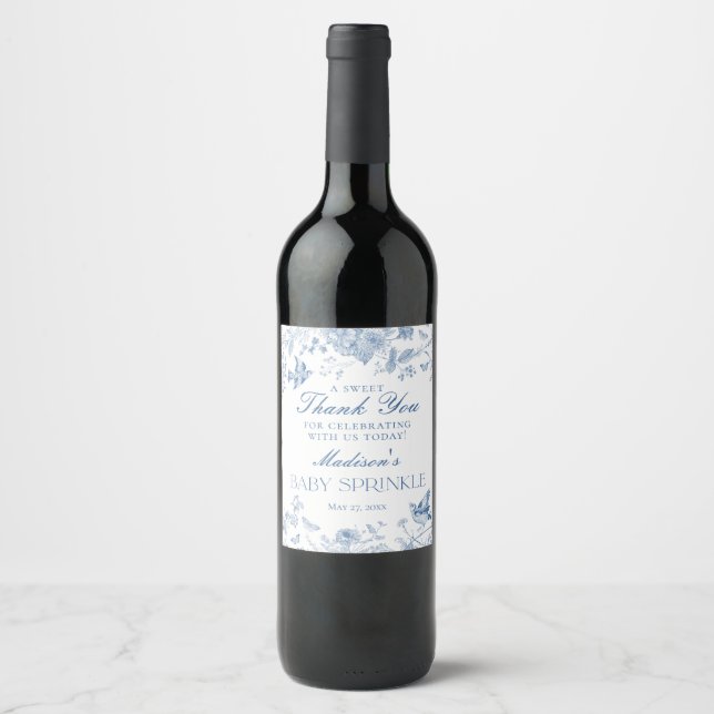 Blue Toile De Jouy Baby Sprinkle Favors Wine Label (Front)