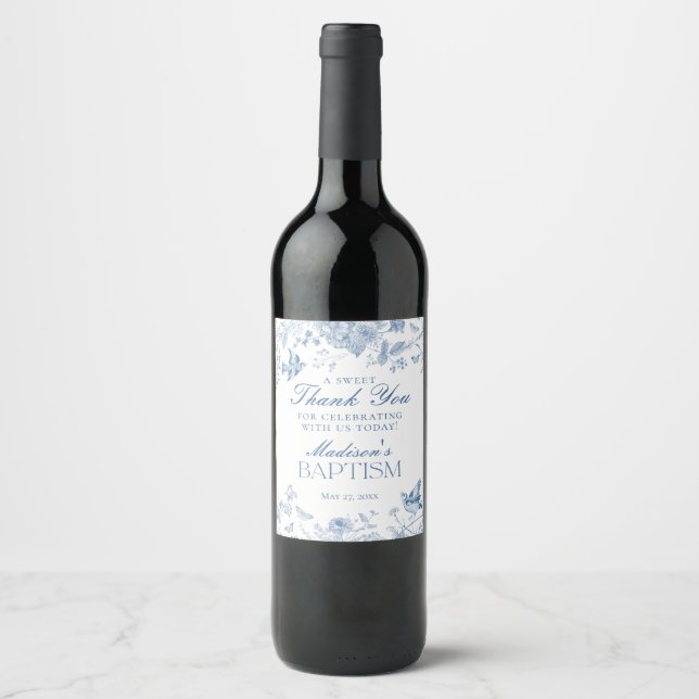 Blue Toile De Jouy Baptism Favors Wine Label (Front)