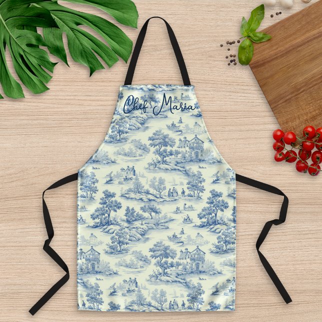 Blue Toile de Jouy Cooking & Baking Gift Kitchen  Apron (Elegant Apron in French Cottage Style Blue Toile de Jouy Pattern, Personalized Custom text or name )