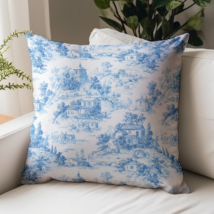 Blue Toile de Jouy Country Houses Pattern Throw Pillow