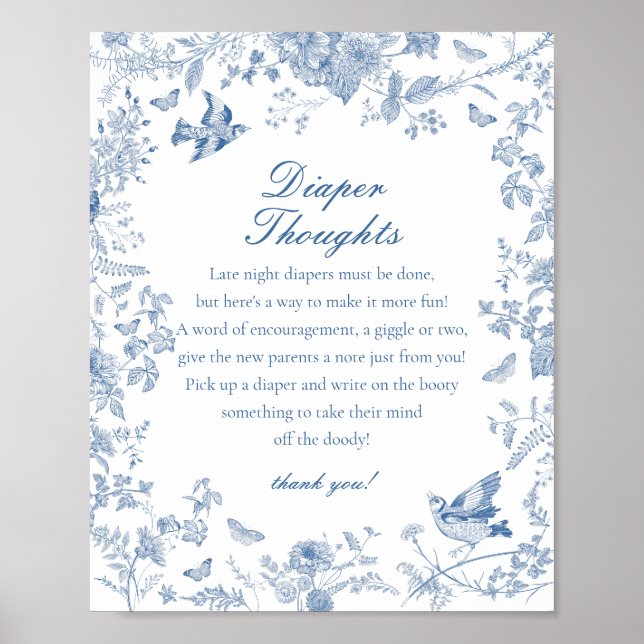 Blue Toile De Jouy Diaper Thoughts Baby Shower Poster (Front)