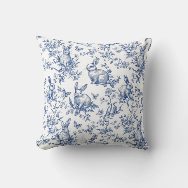 Blue Toile De Jouy Easter Bunny Throw Pillow (Front)
