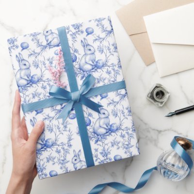 Blue Toile De Jouy Easter Bunny Wrapping Paper