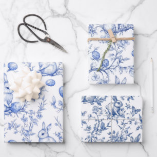 Blue Toile De Jouy Easter Bunny Wrapping Paper Sheets