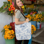 Blue Toile de Jouy Elegant French Style Monogram Tote Bag<br><div class="desc">Introducing the Blue Toile de Jouy Elegant French Style Monogram Tote Bag, a must-have accessory that effortlessly combines classic elegance with a touch of contemporary flair! Crafted with meticulous attention to detail, this tote bag is the epitome of sophistication and style. The stunning blue toile de jouy pattern brings a...</div>