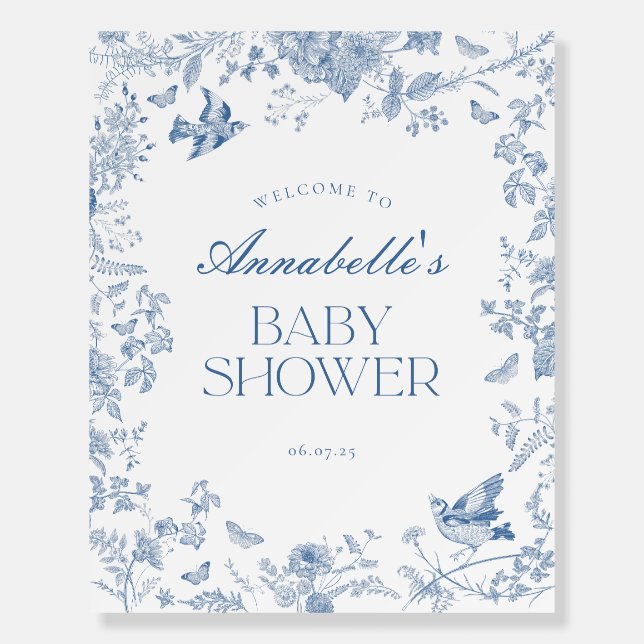 Blue Toile De Jouy Floral Baby Shower Welcome Sign (Front)