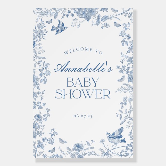 Blue Toile De Jouy Floral Baby Shower Welcome Sign (Front)