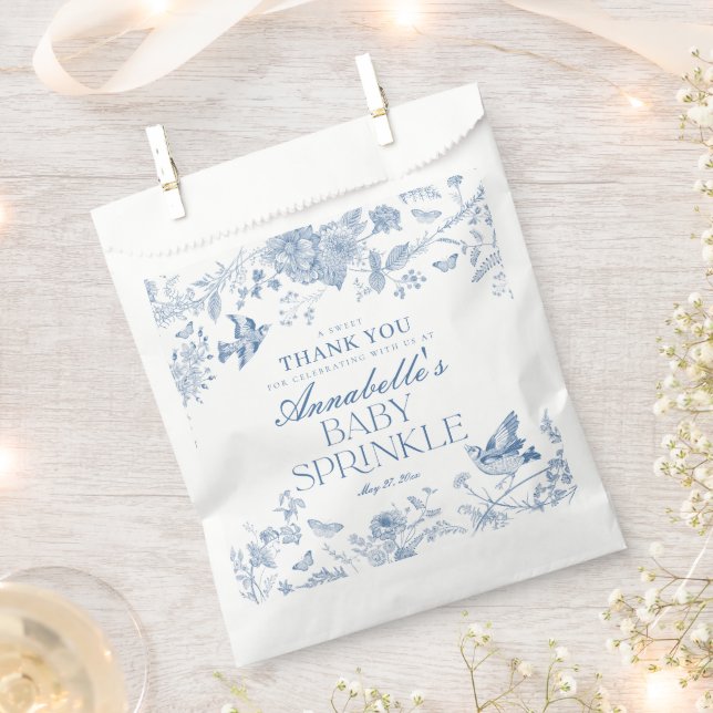 Blue Toile De Jouy Floral Baby Sprinkle Dessert Favor Bag (Clipped)