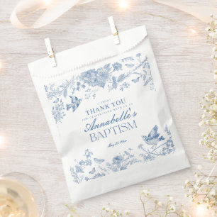 Blue Toile De Jouy Floral Baptism Dessert Favor Bag