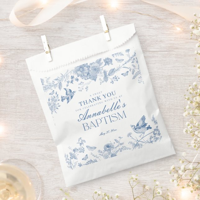 Blue Toile De Jouy Floral Baptism Dessert Favor Bag (Clipped)