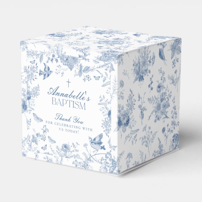 Blue Toile De Jouy Floral Baptism Favor Boxes (Back Side)