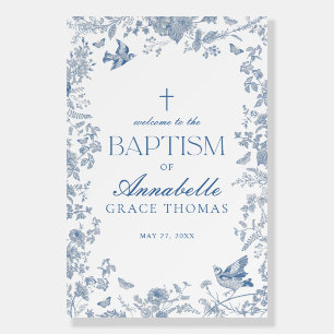 Blue Toile De Jouy Floral Baptism Welcome Sign