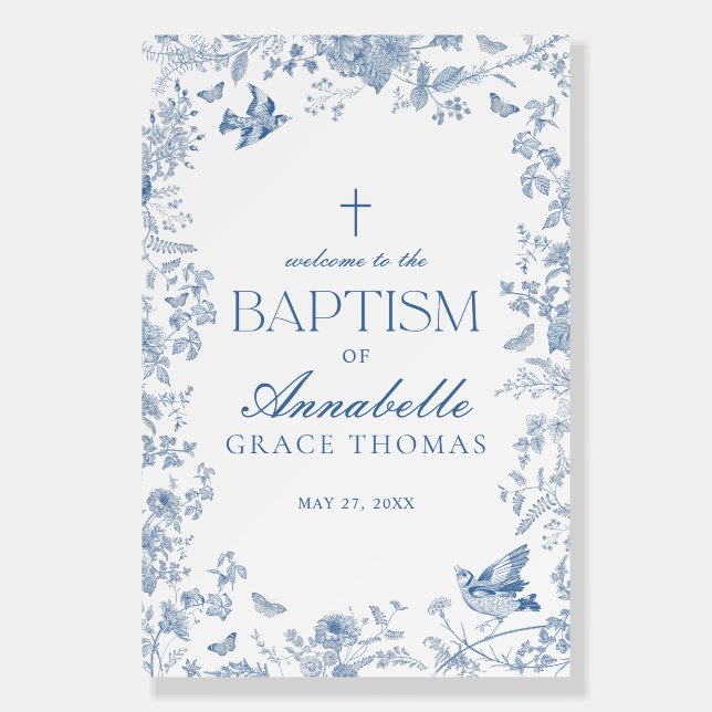Blue Toile De Jouy Floral Baptism Welcome Sign (Front)