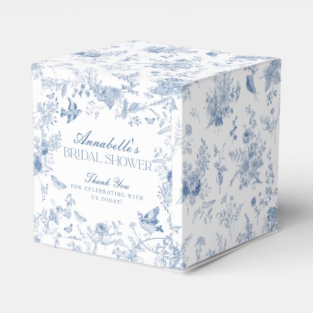Blue Toile De Jouy Floral Bridal Shower Favor Box (Back Side)