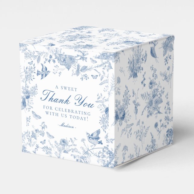 Blue Toile De Jouy Floral Dessert Favor Boxes (Front Side)