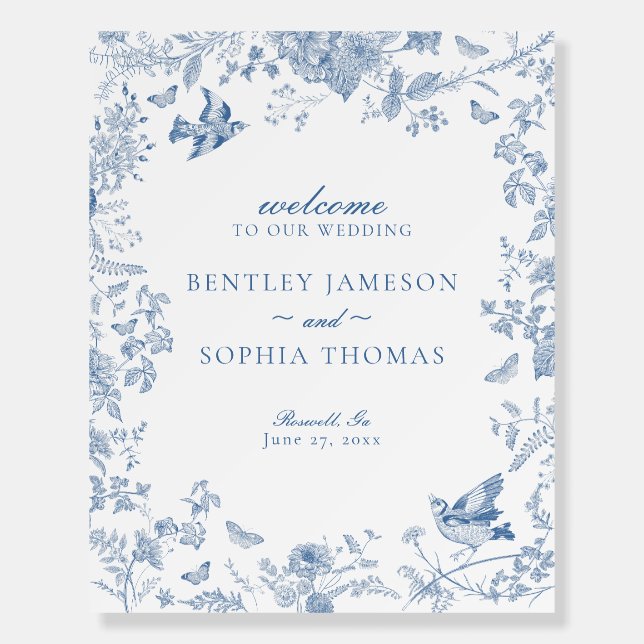 Blue Toile De Jouy Floral Wedding Welcome Sign (Front)
