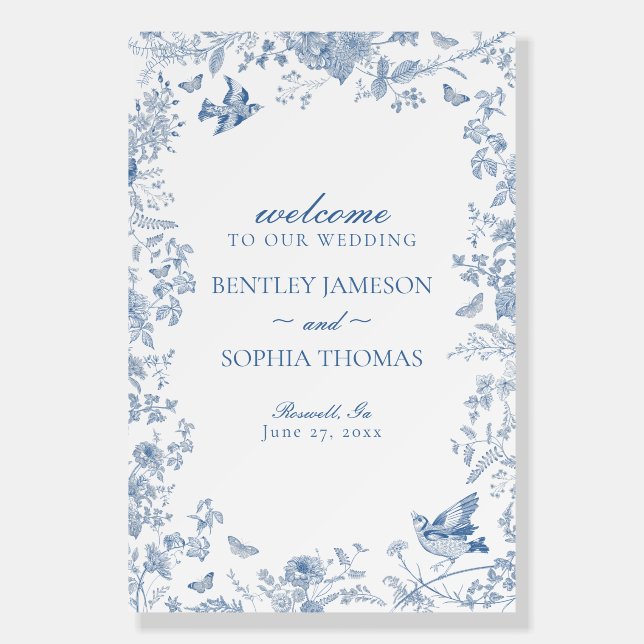 Blue Toile De Jouy Floral Wedding Welcome Sign (Front)