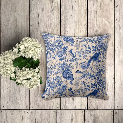 Blue Toile de Jouy Flowers and Pheasants  Throw Pillow
