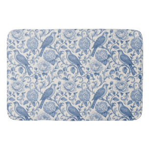 Blue Toile de Jouy French Country Floral Pattern Bath Mat