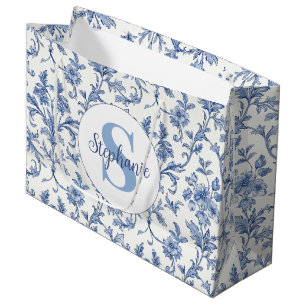Blue Toile de Jouy French Country Floral Pattern Large Gift Bag