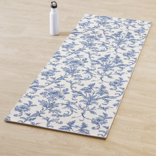 Blue Toile de Jouy French Country Floral Pattern Yoga Mat