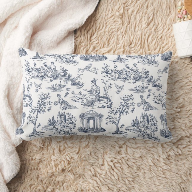 Blue Toile de Jouy, French country style Lumbar Pillow (Blanket)