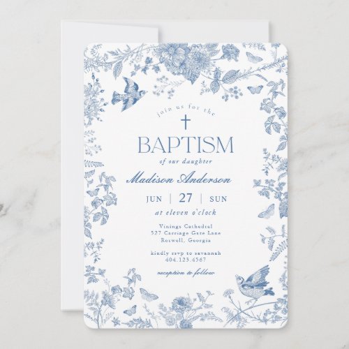 Blue Toile De Jouy French Floral Baptism Invitation