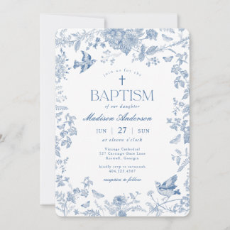 Blue Toile De Jouy French Floral Baptism Invitation
