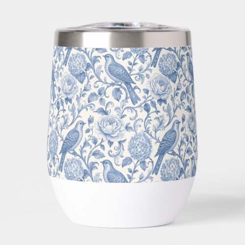 Blue Toile de Jouy French Floral Bird Pattern Thermal Wine Tumbler