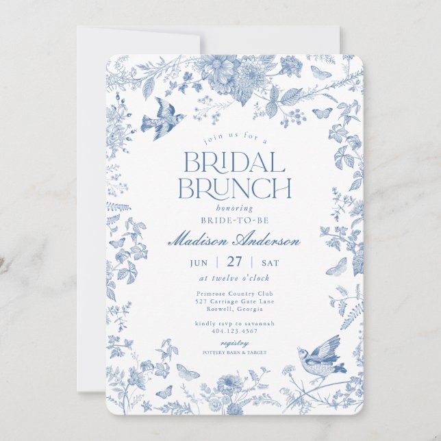 Blue Toile De Jouy French Floral Bridal Brunch Invitation (Front)