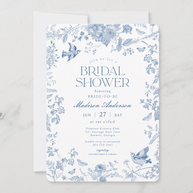 Blue Toile De Jouy French Floral Bridal Shower Invitation (Front)