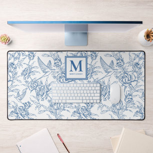 Blue Toile de Jouy French Monogram Name Desk Mat