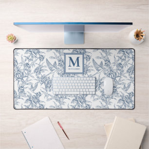 Blue Toile de Jouy French Monogram Name Desk Mat
