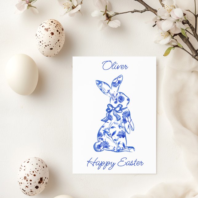 Blue Toile De Jouy Happy Easter Greeting Card (Creator Uploaded)