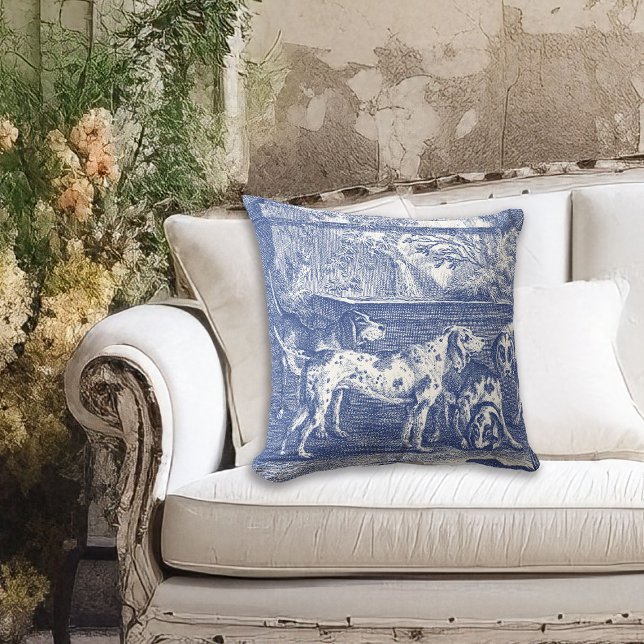 Blue Toile de Jouy Hunting Dogs in Countryside Throw Pillow (Image approximates the 20 inch pillow size.)