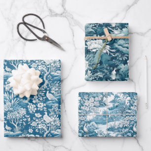 Blue Toile de Jouy-inspired Floral set of 3 Wrapping Paper Sheets