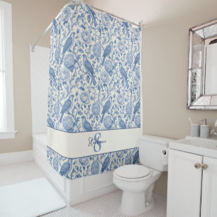 Blue Toile de Jouy Mongram French Floral Pattern Shower Curtain