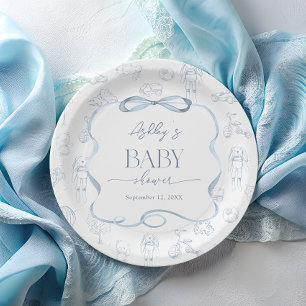 Blue Toile De Jouy Nursery Baby shower Paper Plates
